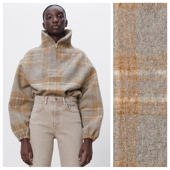 NWT. Zara Tan/Grey Wool Blend Plaid Sweatshirt. Size L. - Picture 5 of 14